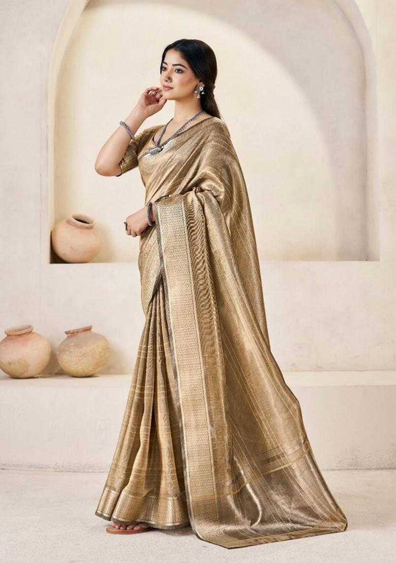 Beige Zari Woven Cotton Saree Set - Indya