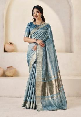 Light Blue Zari Woven Cotton Saree Set