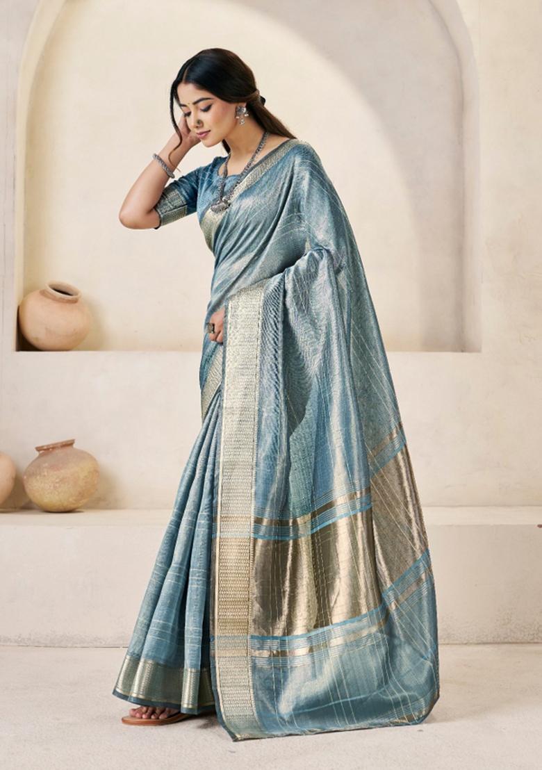 Light Blue Zari Woven Cotton Saree Set - Indya