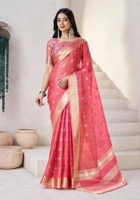Peach Zari Woven Cotton Saree Set