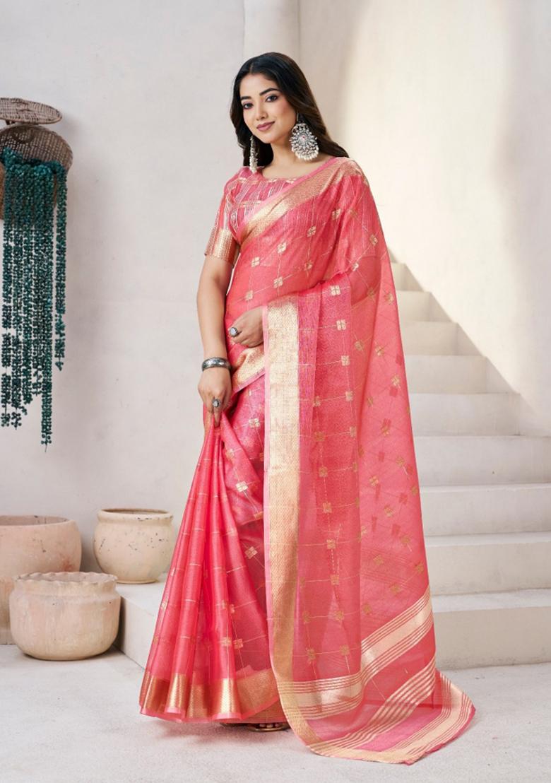 Peach Zari Woven Cotton Saree Set - Indya