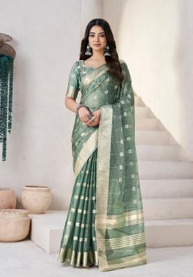 Green Zari Woven Cotton Saree Set