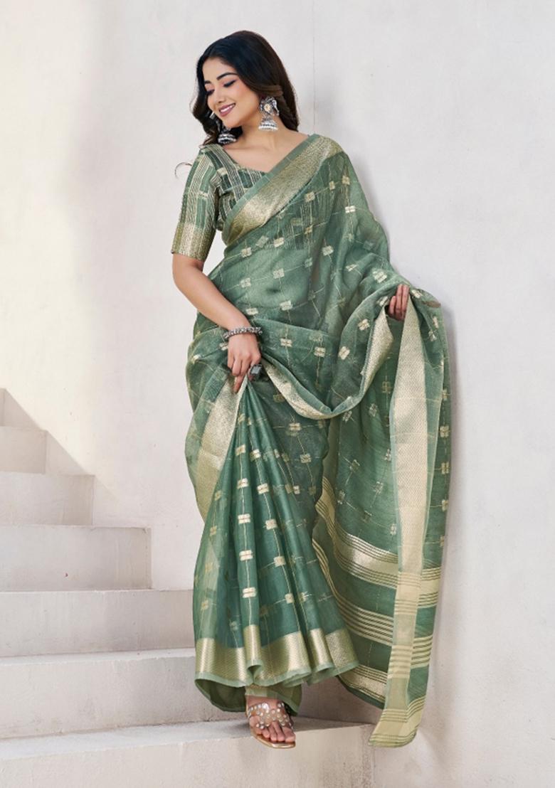 Green Zari Woven Cotton Saree Set - Indya