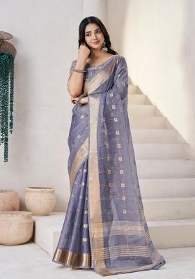 Violet Zari Woven Cotton Saree Set