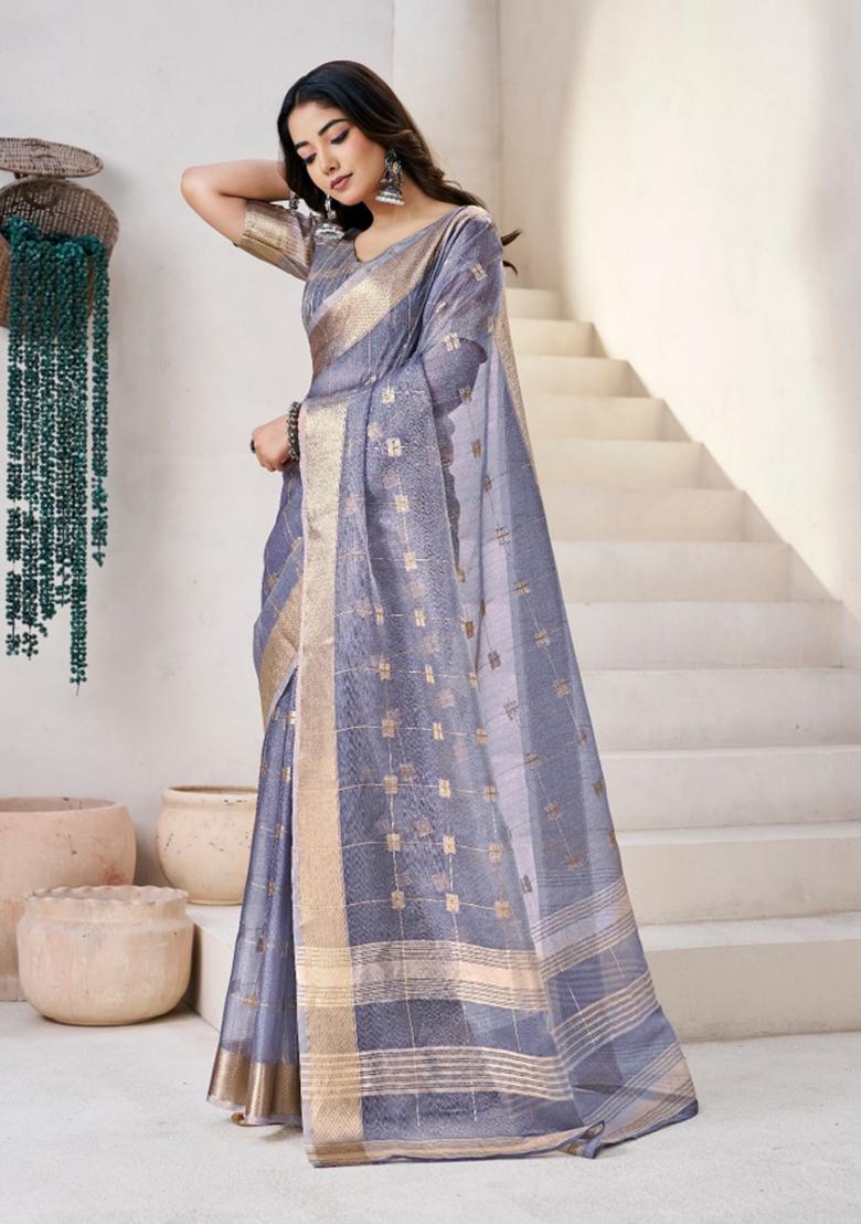 Violet Zari Woven Cotton Saree Set - Indya