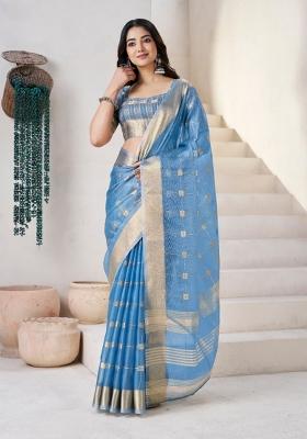 Light Blue Zari Woven Cotton Saree Set