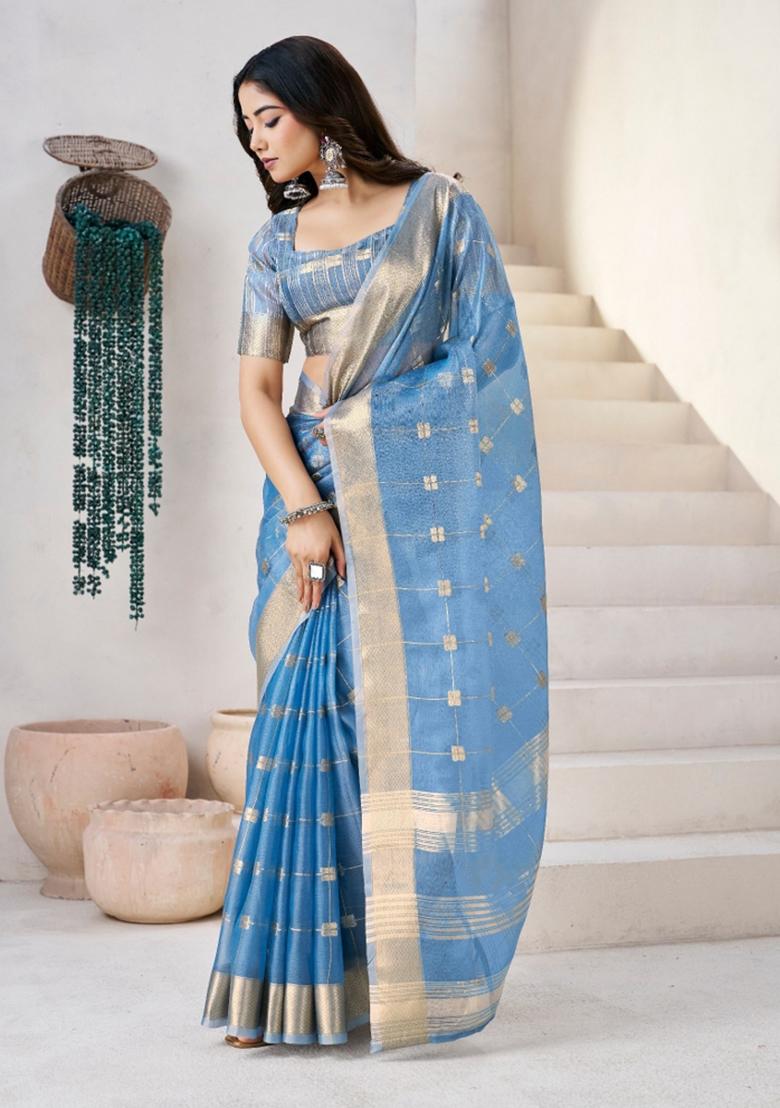 Light Blue Zari Woven Cotton Saree Set - Indya