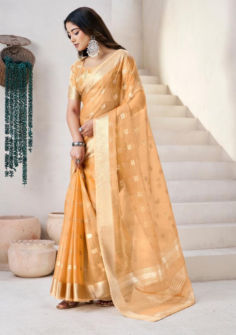 Mustard Zari Woven Cotton Saree Set - Indya