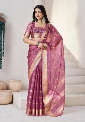 Magenta Zari Woven Cotton Saree Set