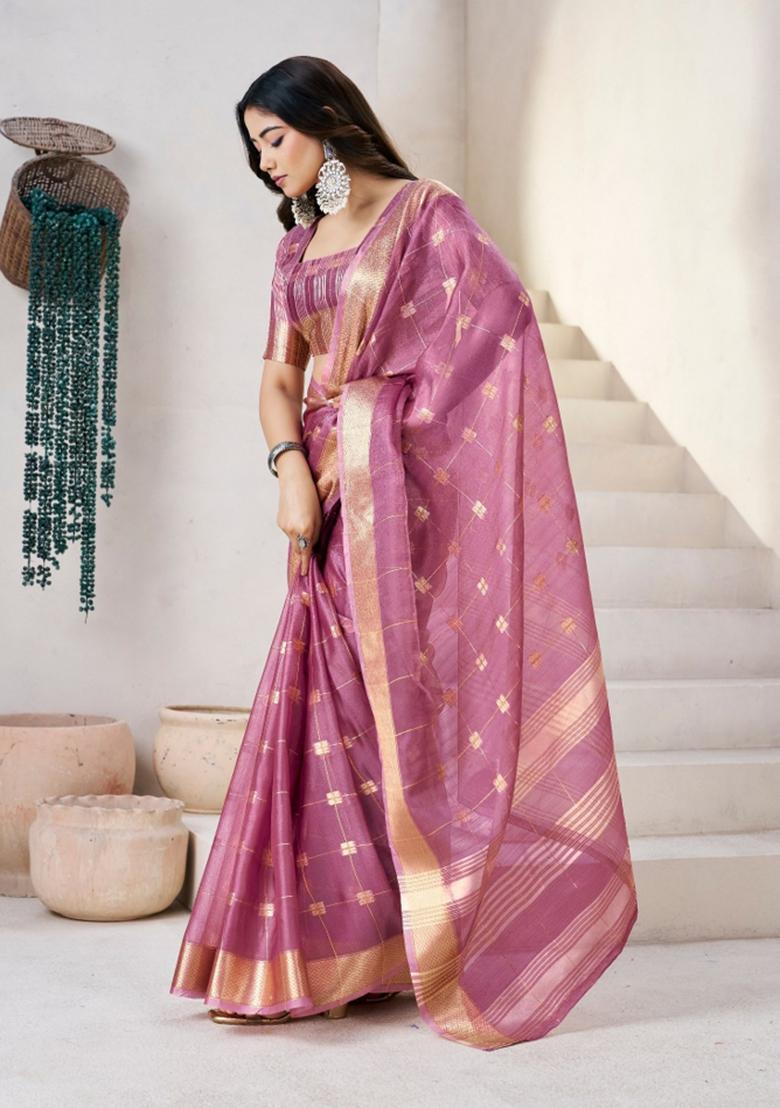 Magenta Zari Woven Cotton Saree Set - Indya