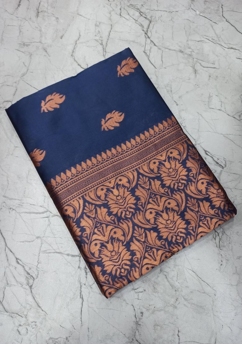 Blue Zari Woven Silk Saree Set - Indya