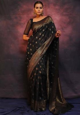 Black Zari Woven Silk Saree Set