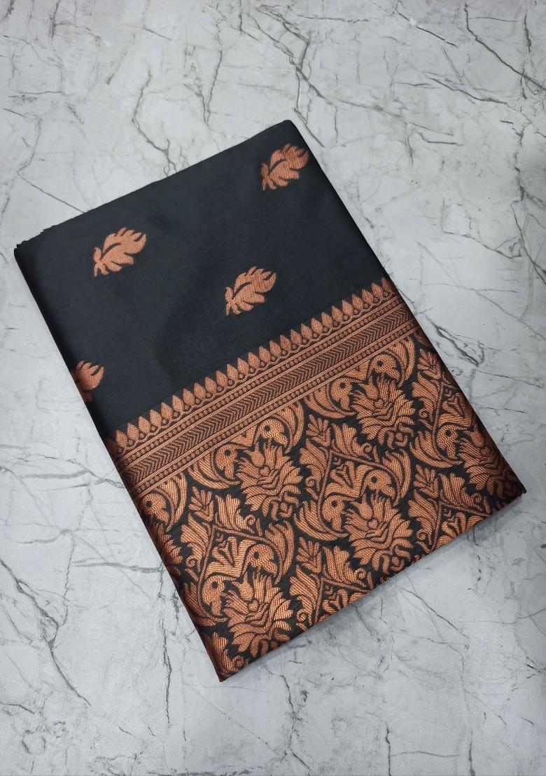 Black Zari Woven Silk Saree Set - Indya