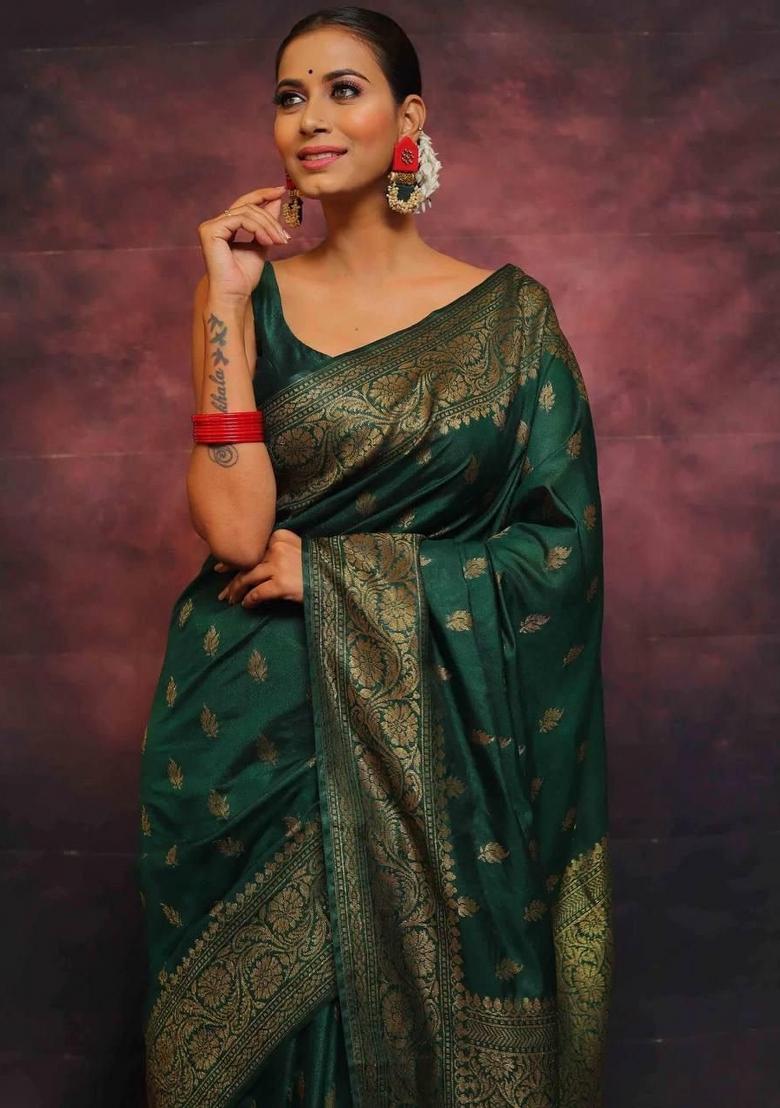 Green Zari Woven Silk Saree Set - Indya