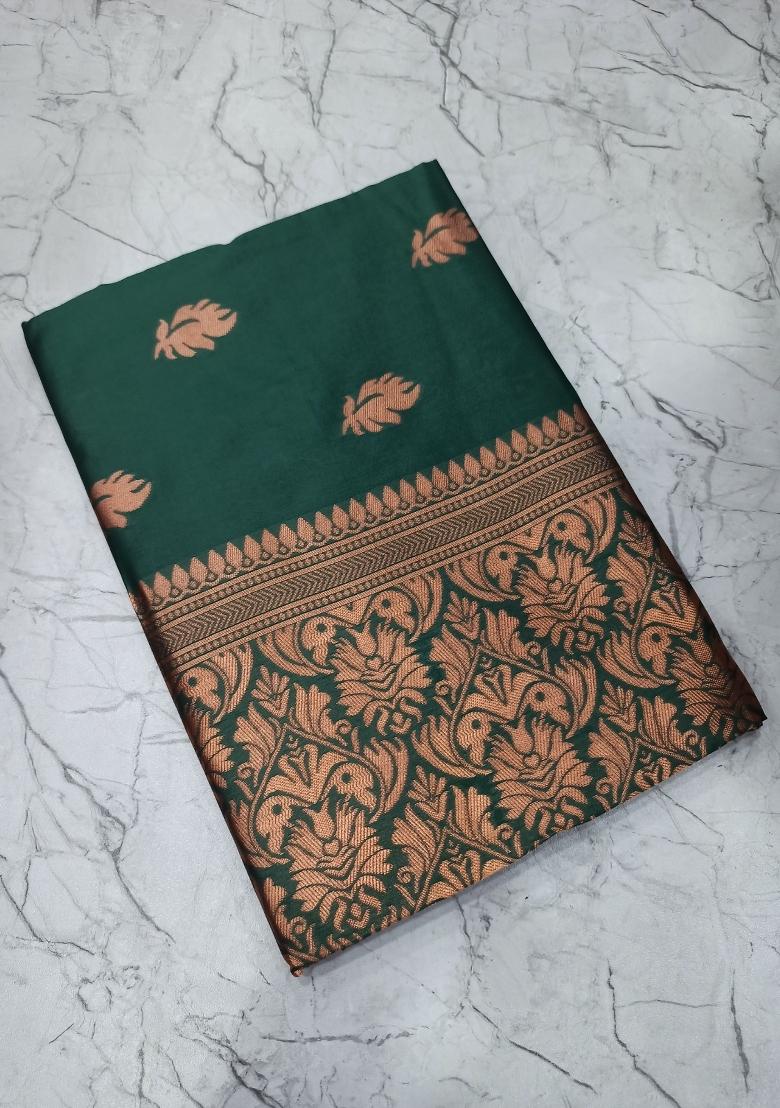 Green Zari Woven Silk Saree Set - Indya