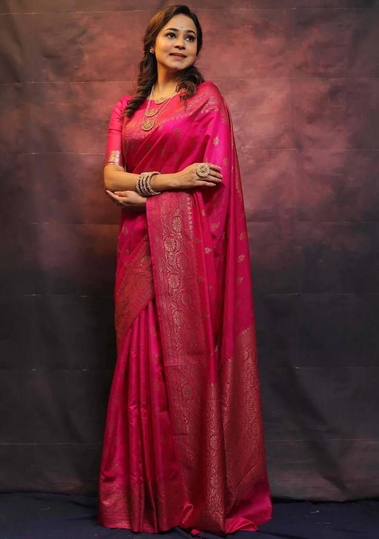 Pink Zari Woven Silk Saree Set - Indya