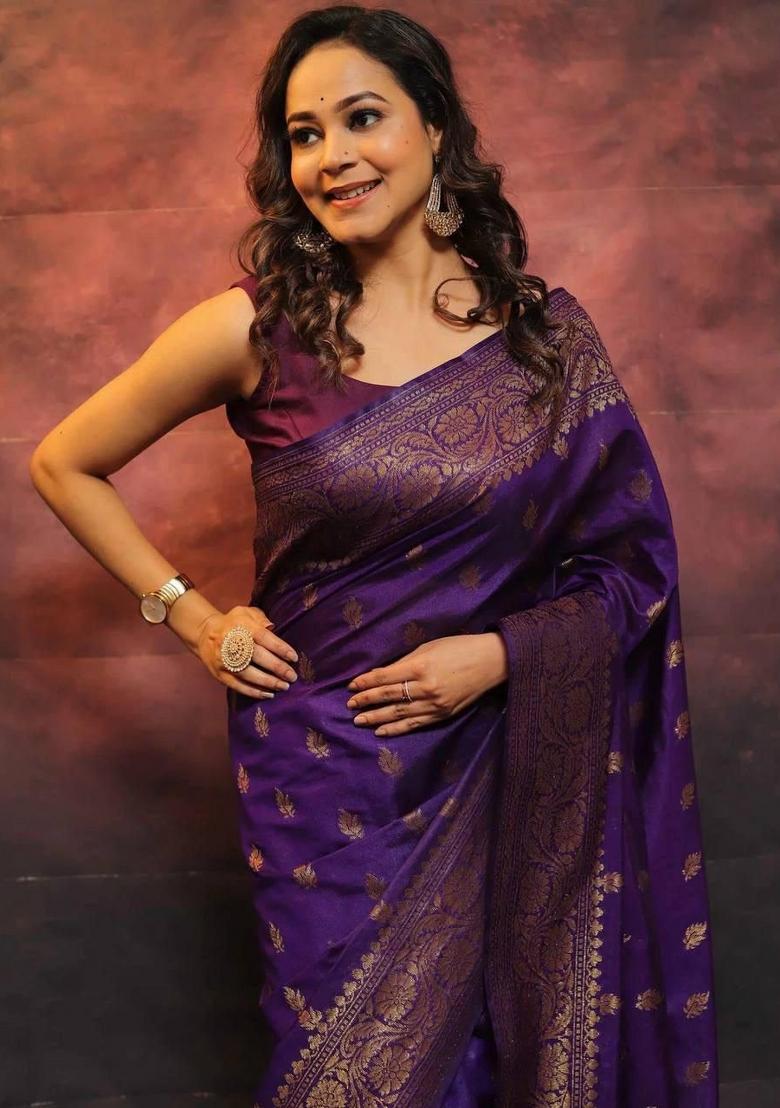 Purple Zari Woven Silk Saree Set - Indya