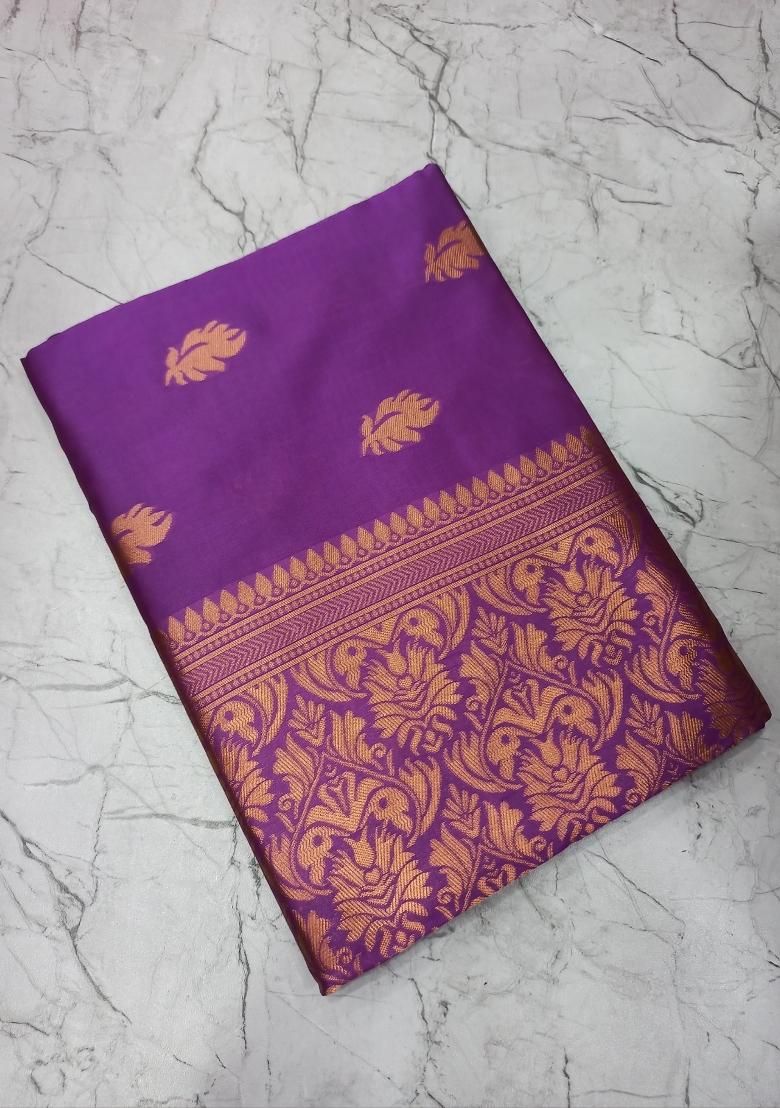 Purple Zari Woven Silk Saree Set - Indya