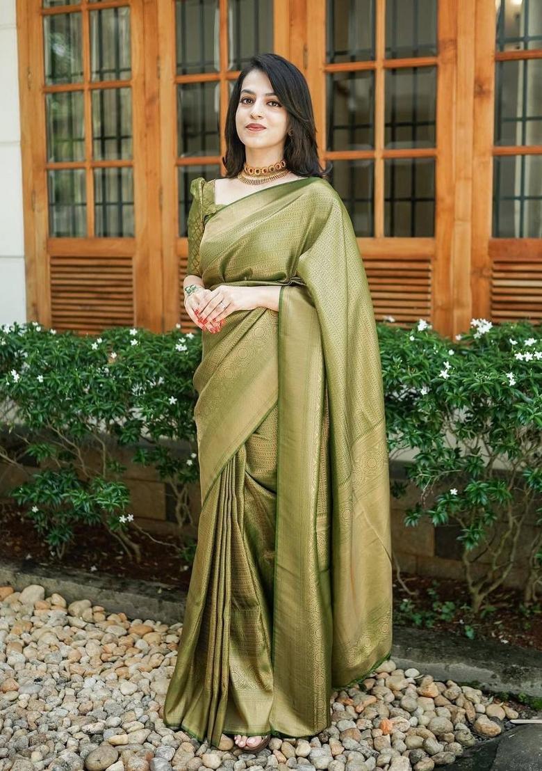 Green Zari Woven Silk Saree Set - Indya