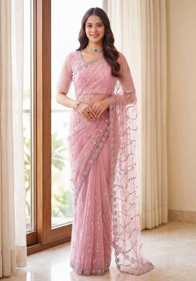 Pink Sequin Work Net Saree Set