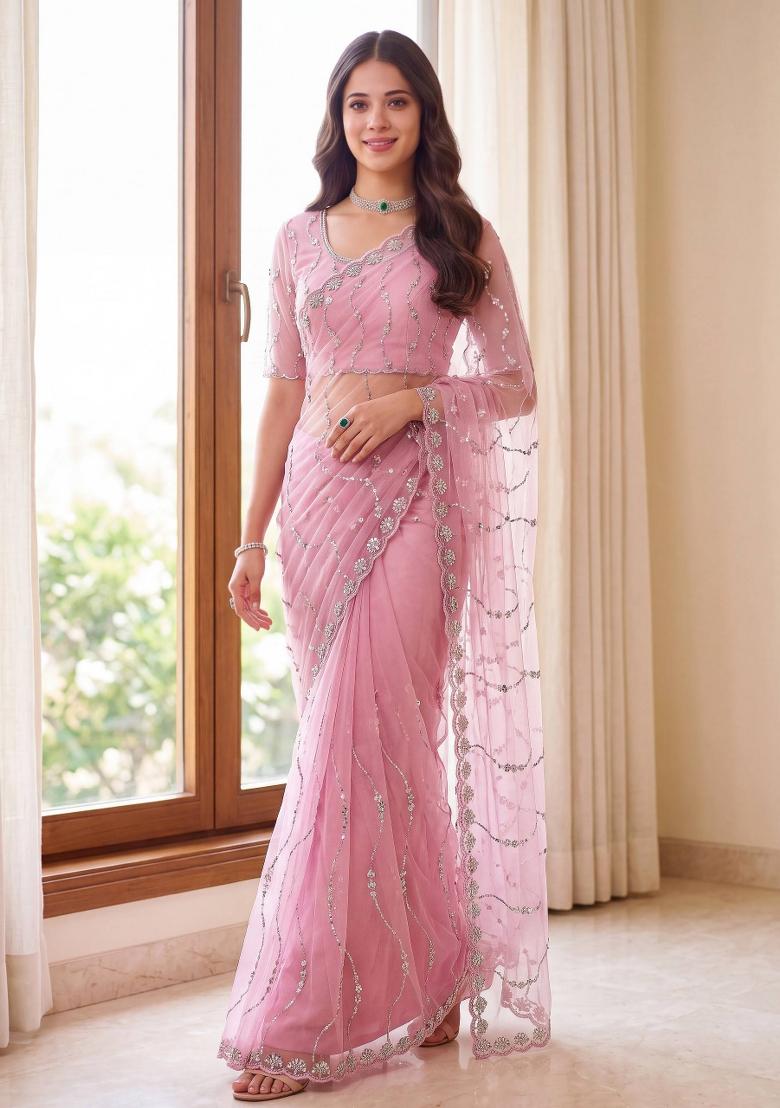 Pink Sequin Work Net Saree Set - Indya