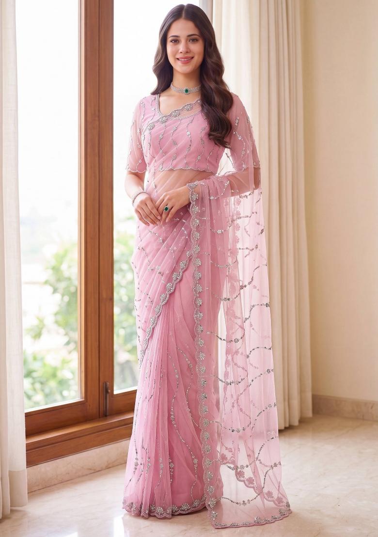 Pink Sequin Work Net Saree Set - Indya