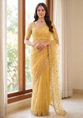 Yellow Sequin Work Net Saree Set