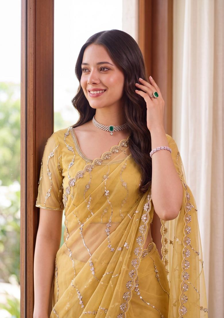 Yellow Sequin Work Net Saree Set - Indya