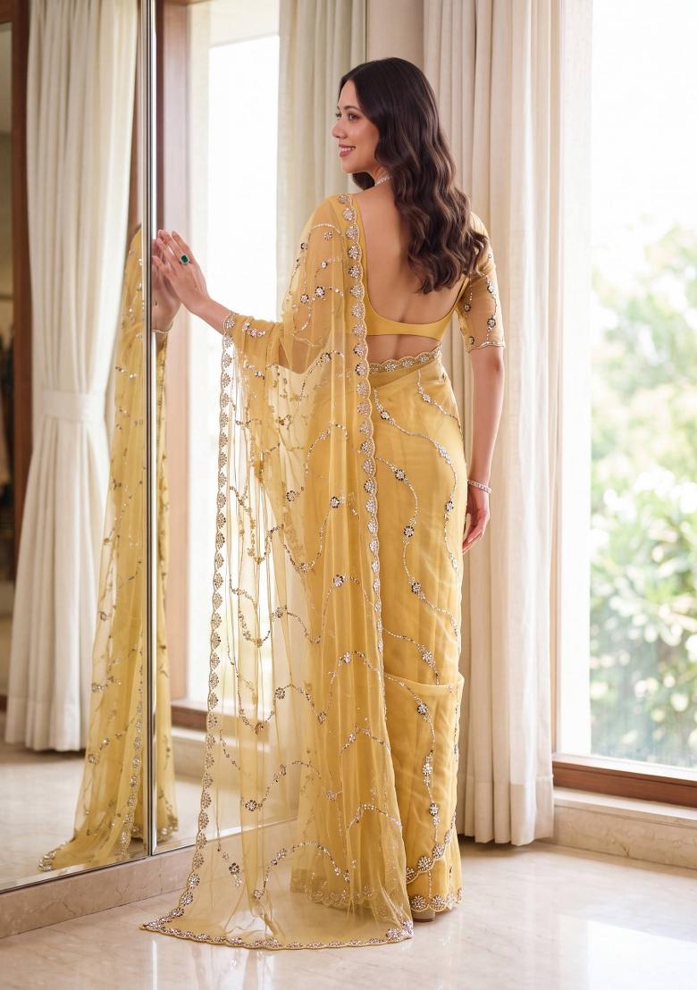 Yellow Sequin Work Net Saree Set - Indya