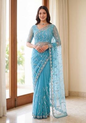 Sky Blue Sequin Work Net Saree Set