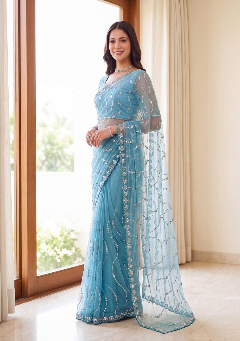 Sky Blue Sequin Work Net Saree Set - Indya