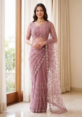 Purple Sequin Work Net Saree Set