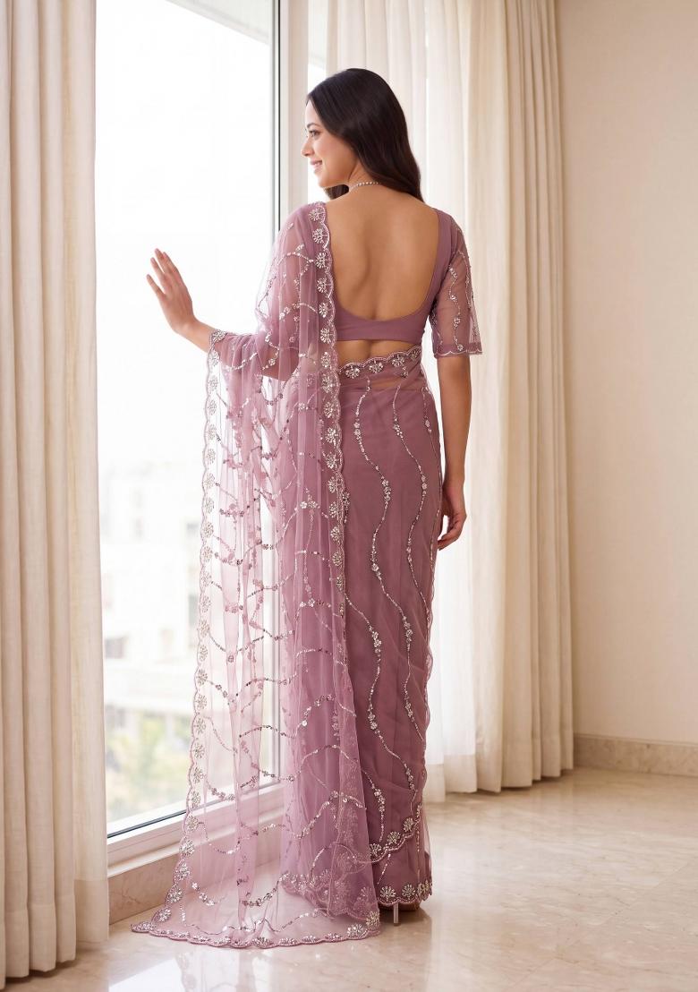 Purple Sequin Work Net Saree Set - Indya