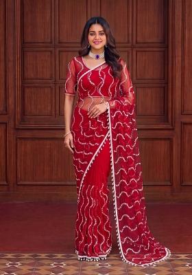 Red Sequin Work Net Saree Set