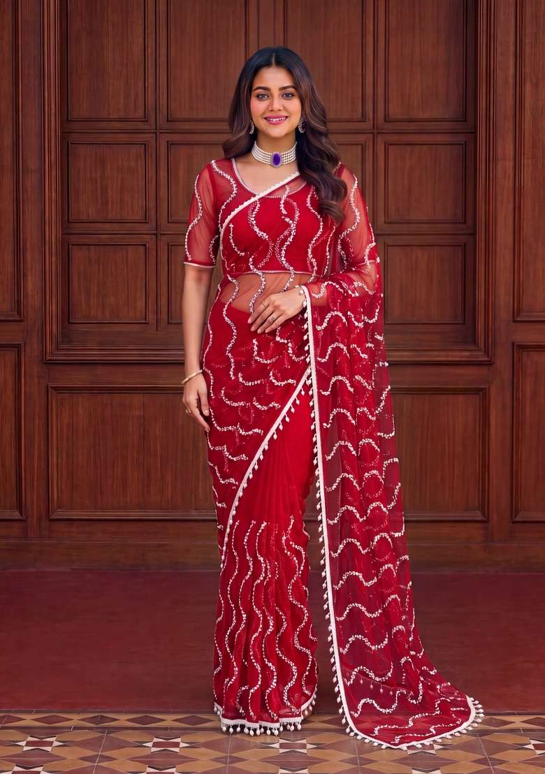 Red Work Net Saree Set with Sequin for Diwali | Wedding & Festive Wear - Indya