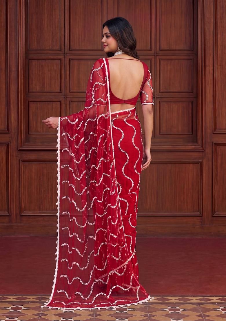 Red Sequin Work Net Saree Set - Indya