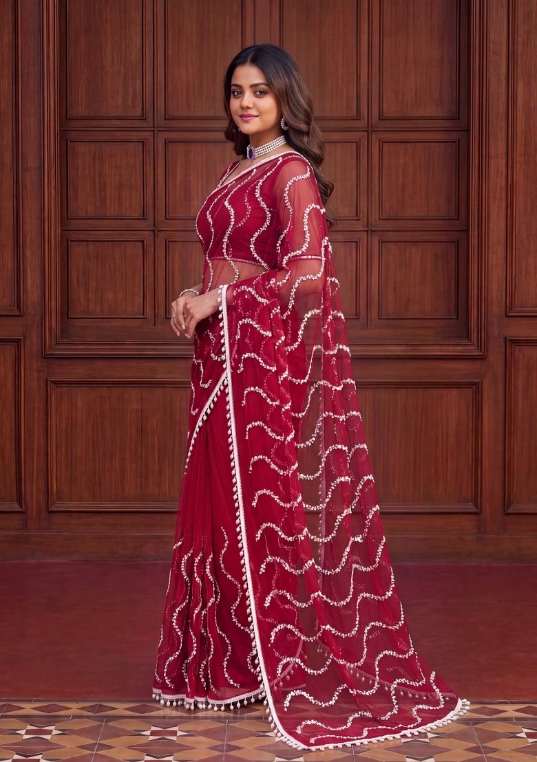 Red Sequin Work Net Saree Set - Indya