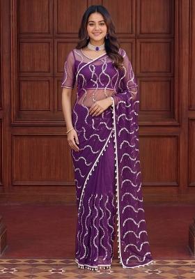 Purple Sequin Work Net Saree Set