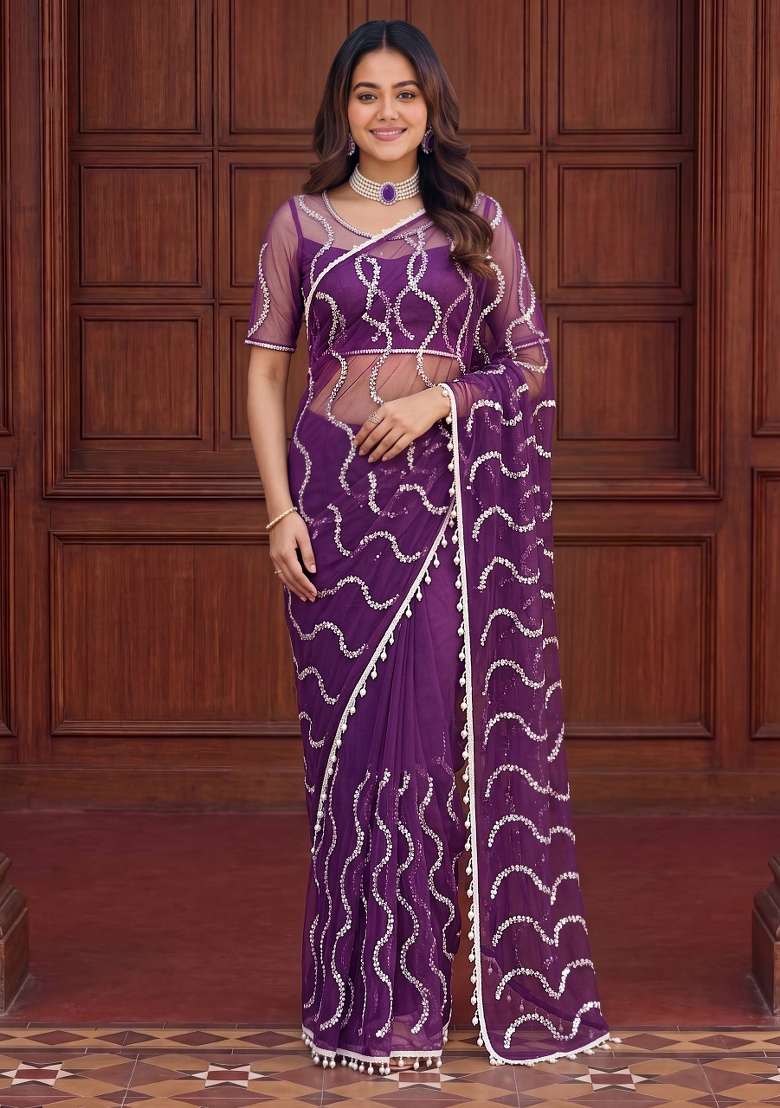 Purple Work Net Saree Set with Sequin for Diwali | Wedding & Festive Wear - Indya