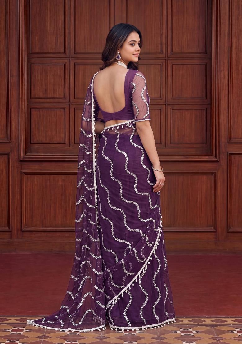 Purple Sequin Work Net Saree Set - Indya
