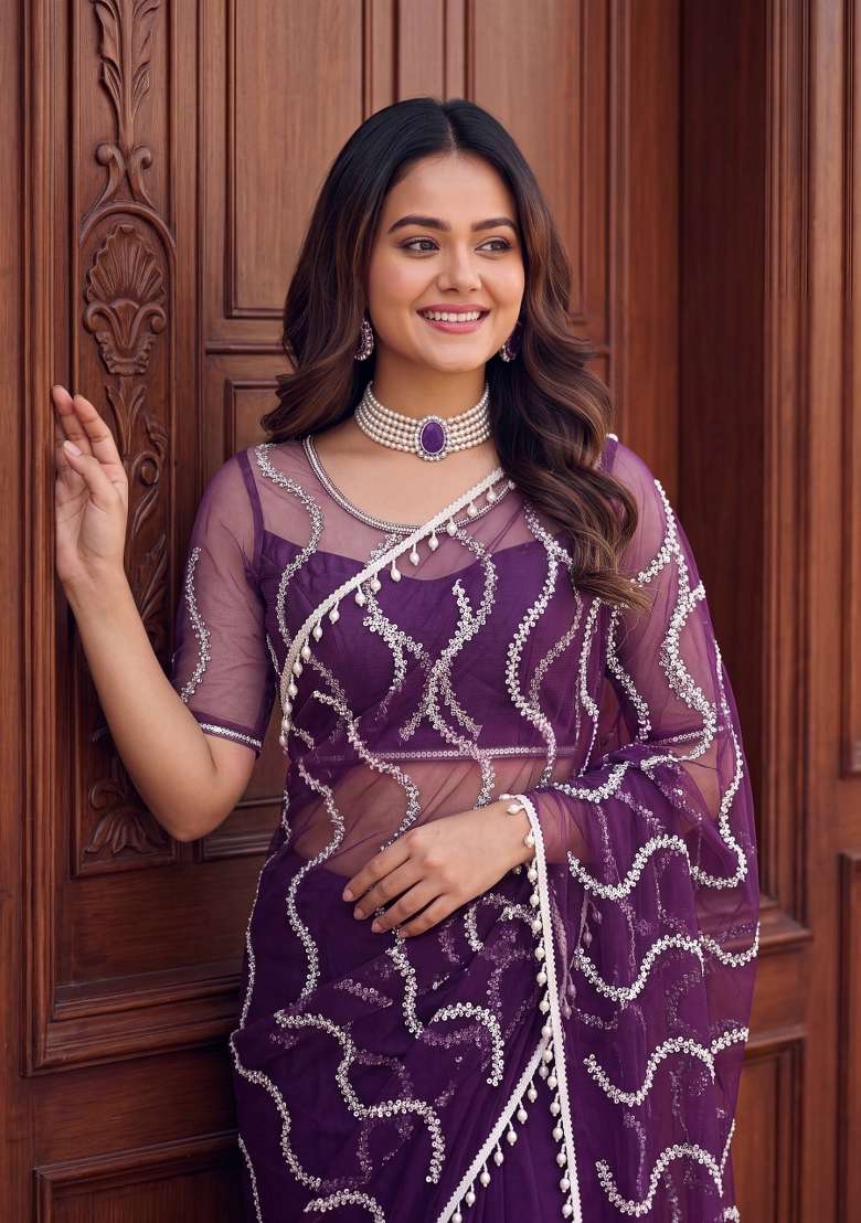 Purple Work Net Saree Set with Sequin for Diwali | Wedding & Festive Wear - Indya