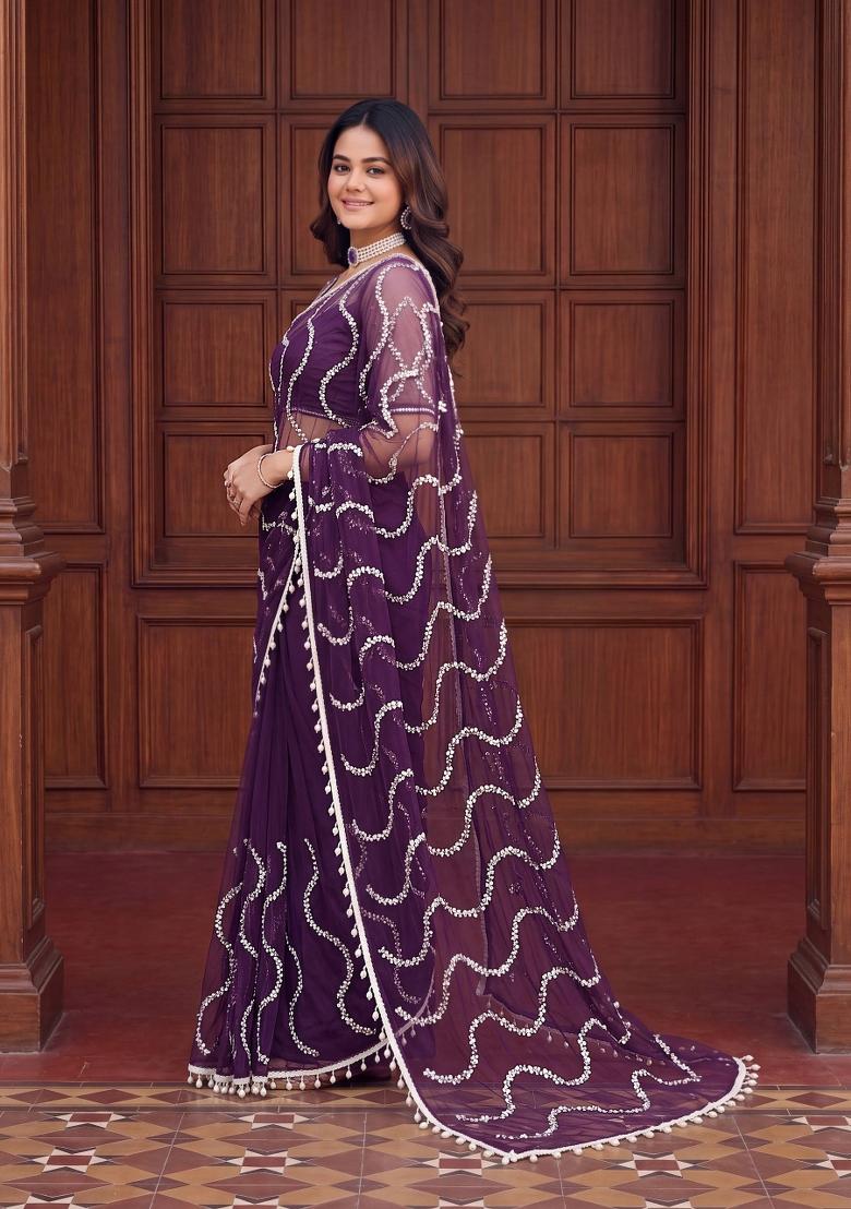 Purple Sequin Work Net Saree Set - Indya