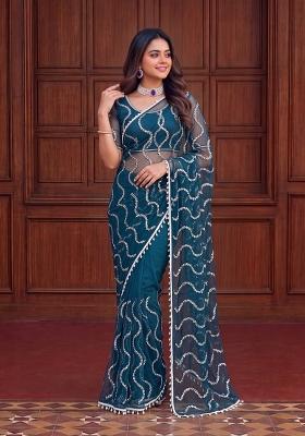 Blue Sequin Work Net Saree Set