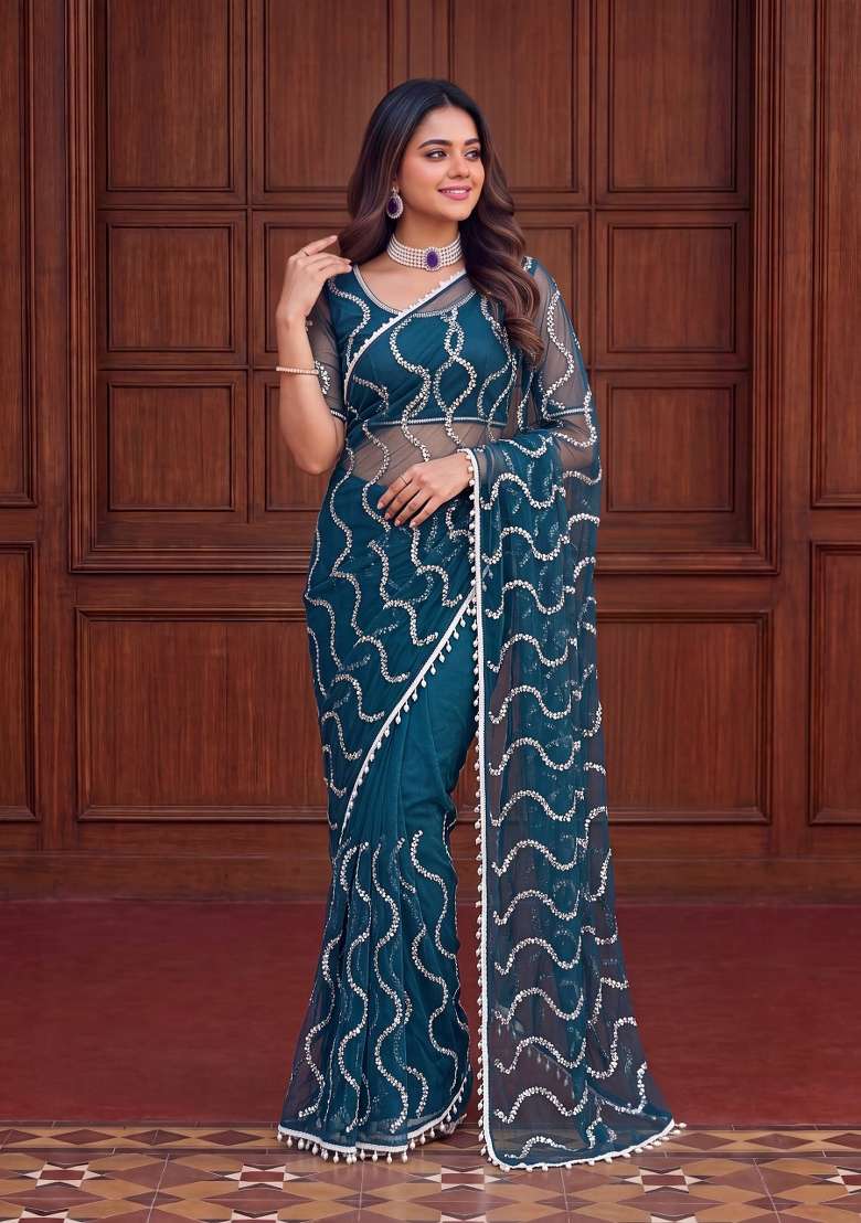 Blue Work Net Saree Set with Sequin for Diwali | Wedding & Festive Wear - Indya