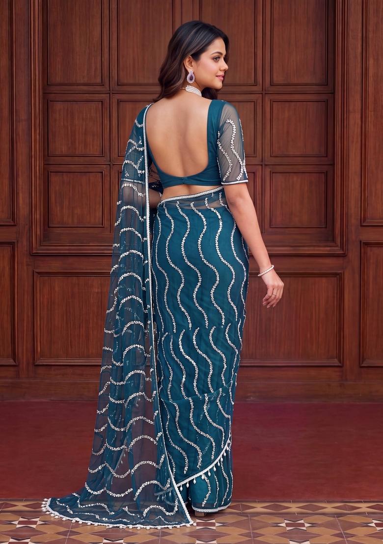 Blue Sequin Work Net Saree Set - Indya