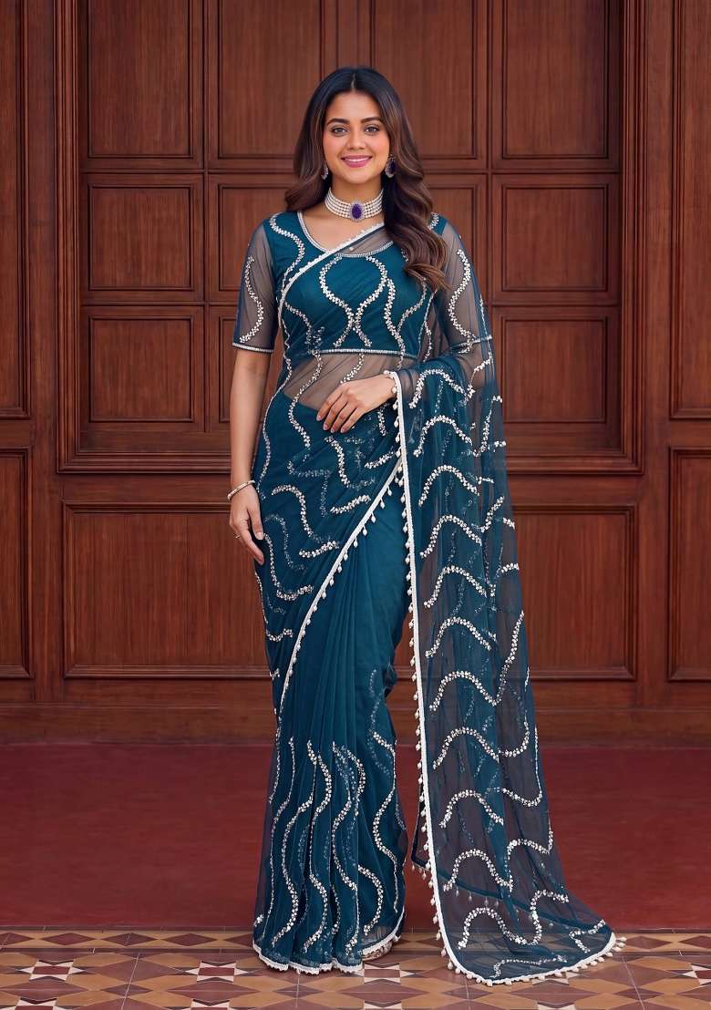 Blue Work Net Saree Set with Sequin for Diwali | Wedding & Festive Wear - Indya