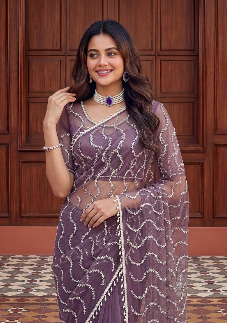 Lavender Sequin Work Net Saree Set - Indya