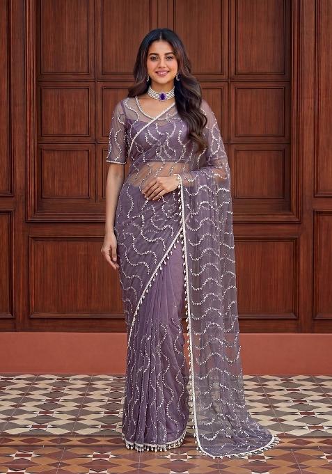 Lavender Sequin Work Net Saree Set for Diwali and Festive Wear