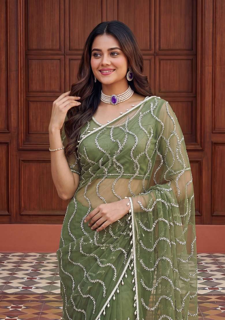 Light Green Work Net Saree Set with Sequin for Diwali | Wedding & Festive Wear - Indya