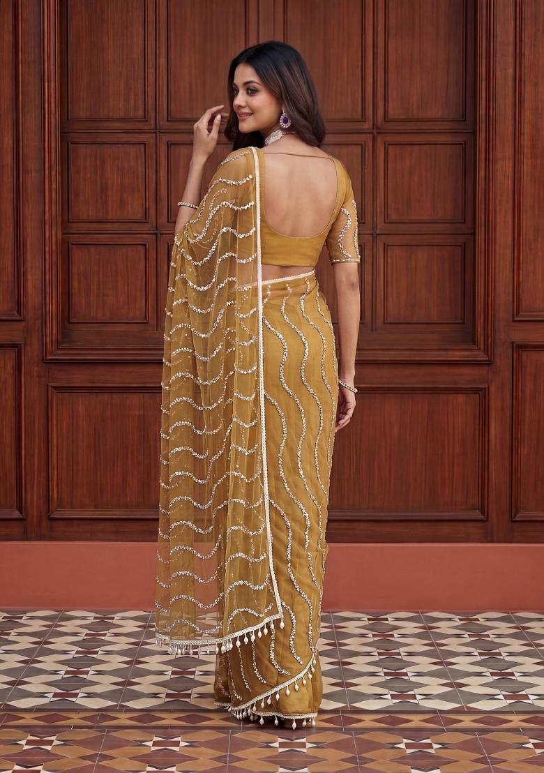 Mustard Sequin Work Net Saree Set - Indya